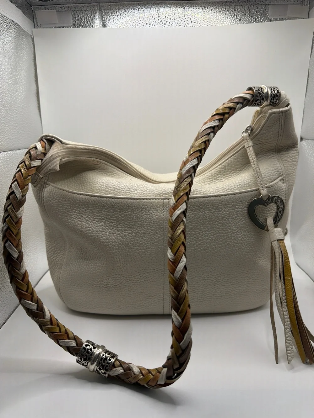 Brighton Ivory Leather Hobo with Braided Tan & Brown Strap